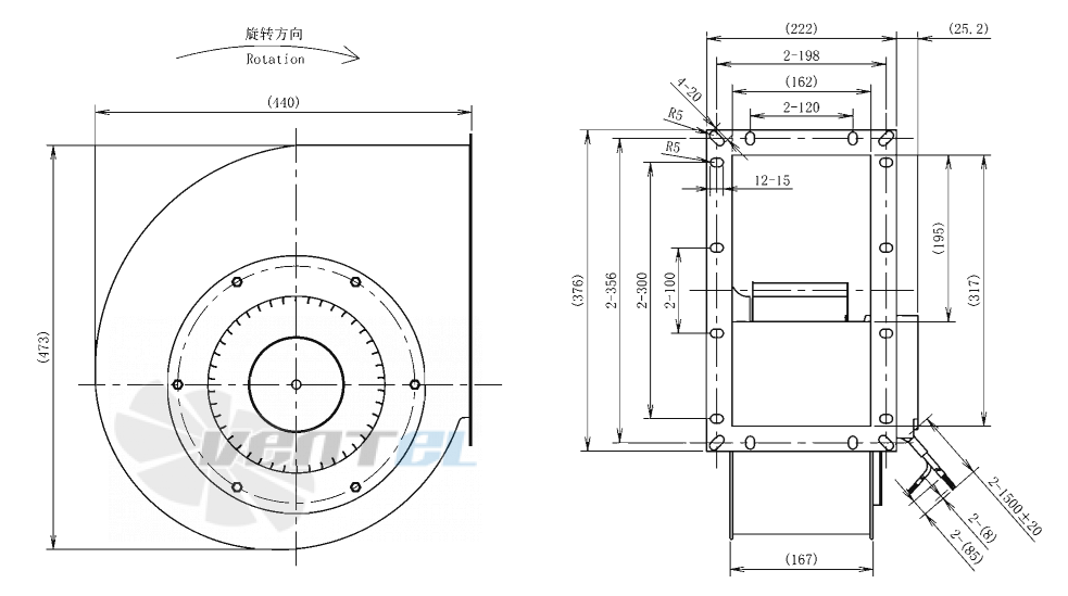 Габаритные размеры AFL F3P250-EC102-002 0.33 кВт с вперед загнутыми лопатками EC