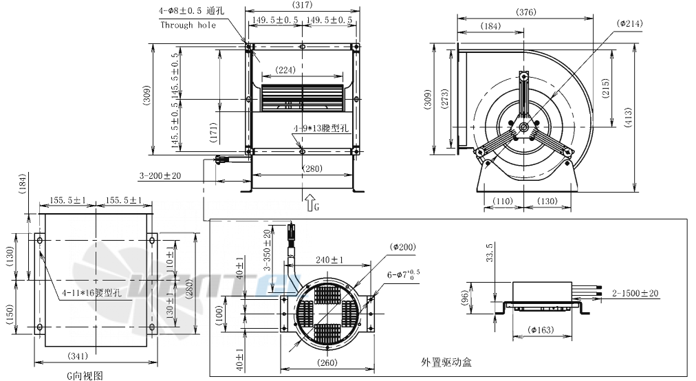 Габаритные размеры AFL F3P250-EC137-008 0.75 кВт с вперед загнутыми лопатками EC