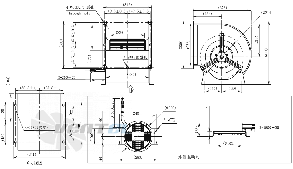 Габаритные размеры AFL F3P250-EC137-100 0.65 кВт с вперед загнутыми лопатками EC