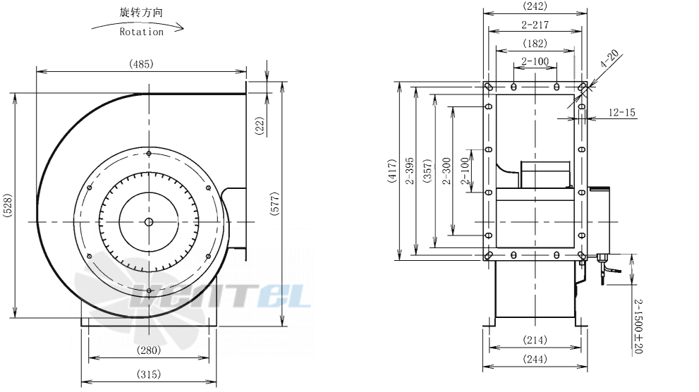 Габаритные размеры AFL F3P280-EC137-001 0.95 кВт с вперед загнутыми лопатками EC