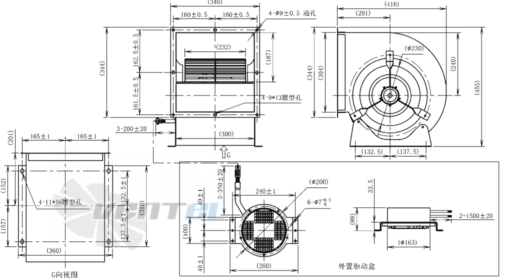 Габаритные размеры AFL F3P280-EC137-100 0.6 кВт с вперед загнутыми лопатками EC