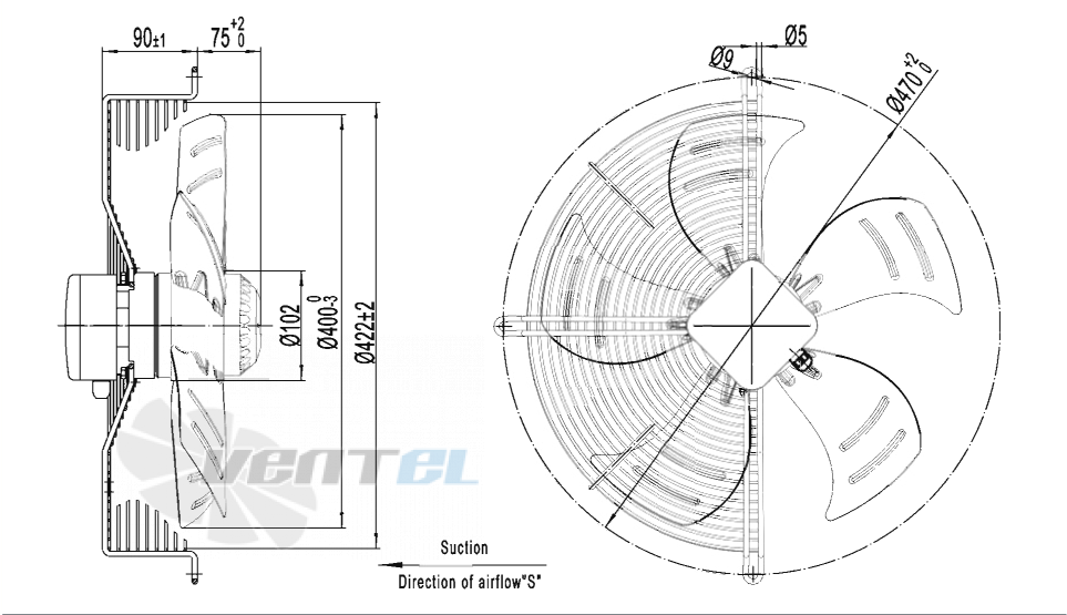 Габаритные размеры AFL A4E400S-5DM-AN00 0.23 кВт осевой AC