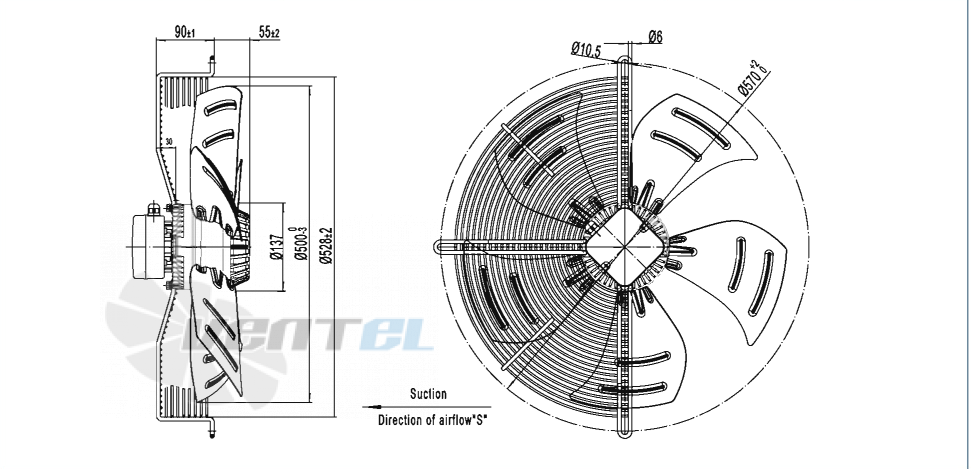 Габаритные размеры AFL A6E500S-5DM-AR00 0.22 кВт осевой AC
