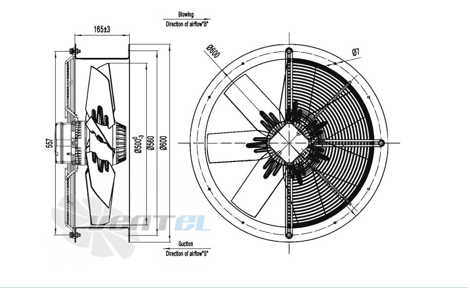 Габаритные размеры AFL A4D500S-7EM-ATZ0 0.8 кВт осевой AC