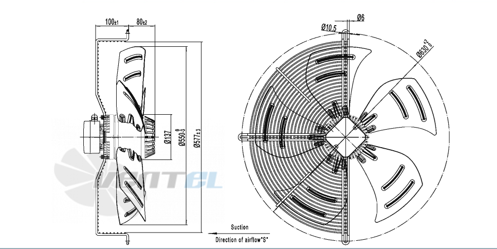 Габаритные размеры AFL A6E550S-5DM-AS00 0.32 кВт осевой AC