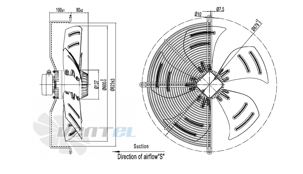 Габаритные размеры AFL A6E600S-5DM-AT00 0.5 кВт осевой AC