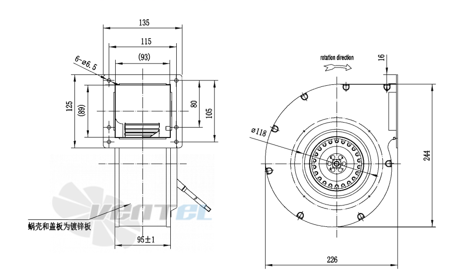 Габаритные размеры AFL F2E140-060W-AAS0 0.09 кВт с вперед загнутыми лопатками AC