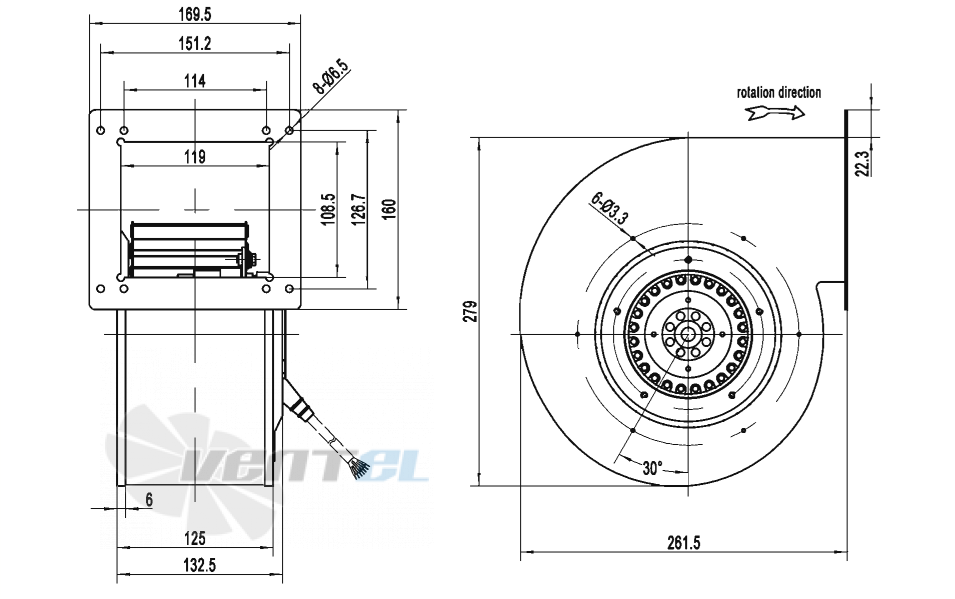 Габаритные размеры AFL F2E180-092W-TL00 0.25 кВт с вперед загнутыми лопатками AC