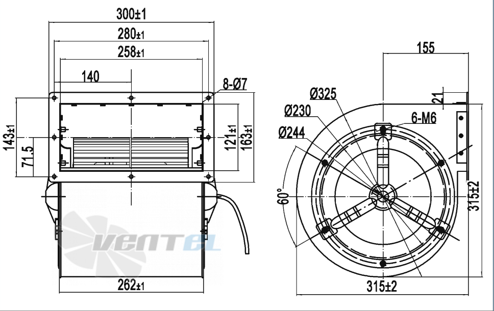 Габаритные размеры AFL F4E200-185S-AS00 0.36 кВт с вперед загнутыми лопатками AC