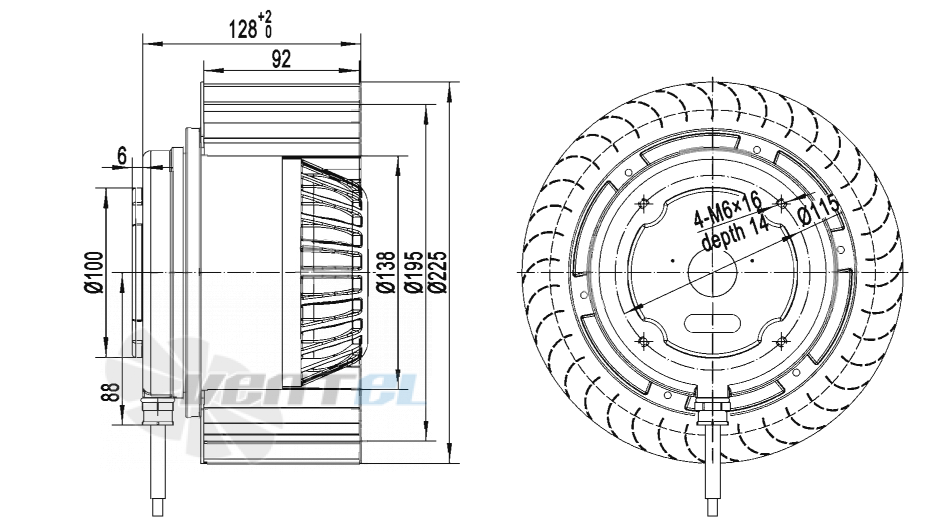 Габаритные размеры AFL F4E225-092A-AR00 0.40 кВт с вперед загнутыми лопатками AC