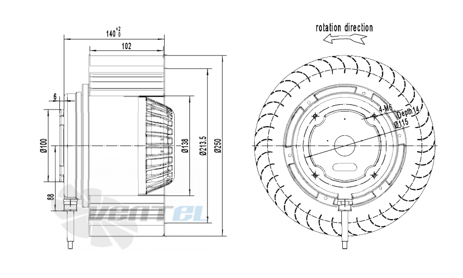Габаритные размеры AFL F4D250-102A-AT00 0.85 кВт с вперед загнутыми лопатками AC