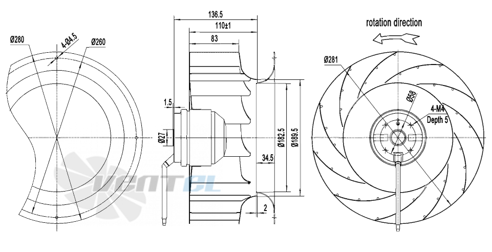 Габаритные размеры AFL B4E280-110A-AE00 0.08 кВт