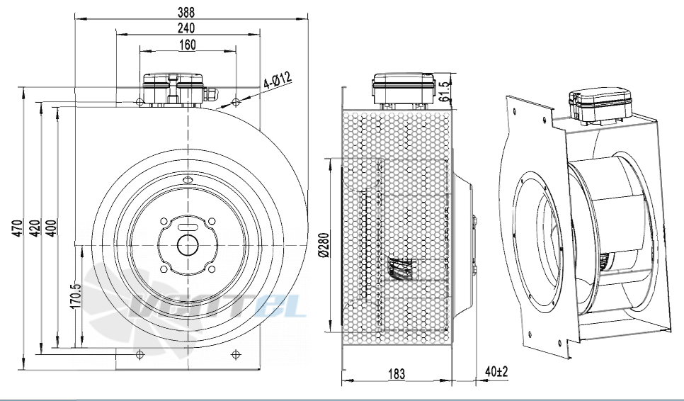 Габаритные размеры AFL B2D280-135W-AS70 0.5 кВт