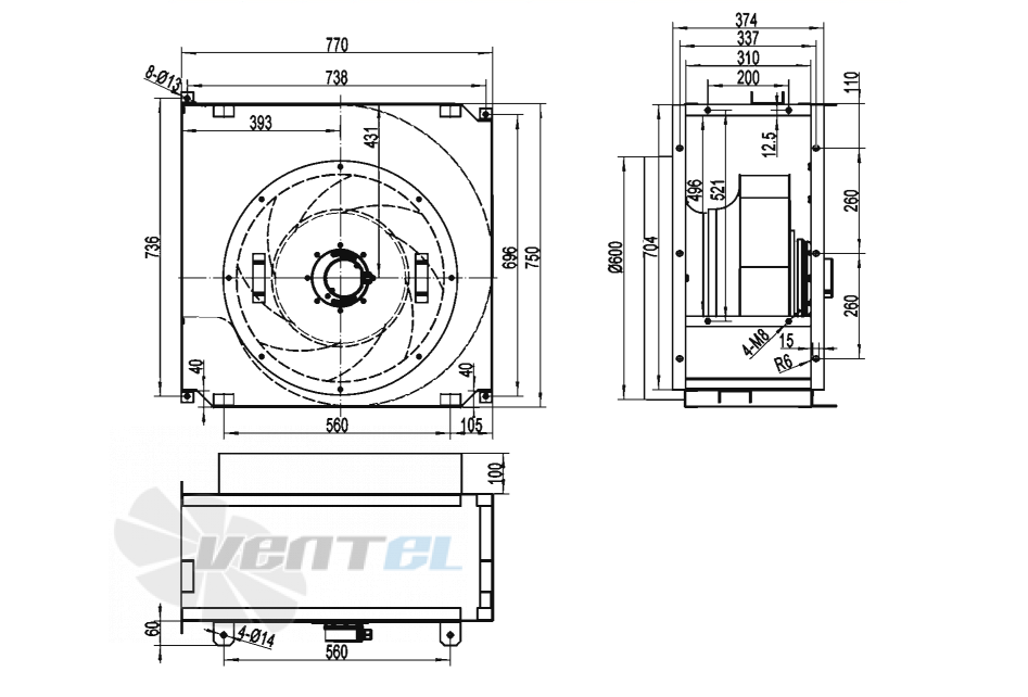 Габаритные размеры AFL B4D500-202W-AWAB 1.25 кВт