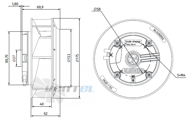Габаритные размеры Blauberg BX175A-EE-B000
