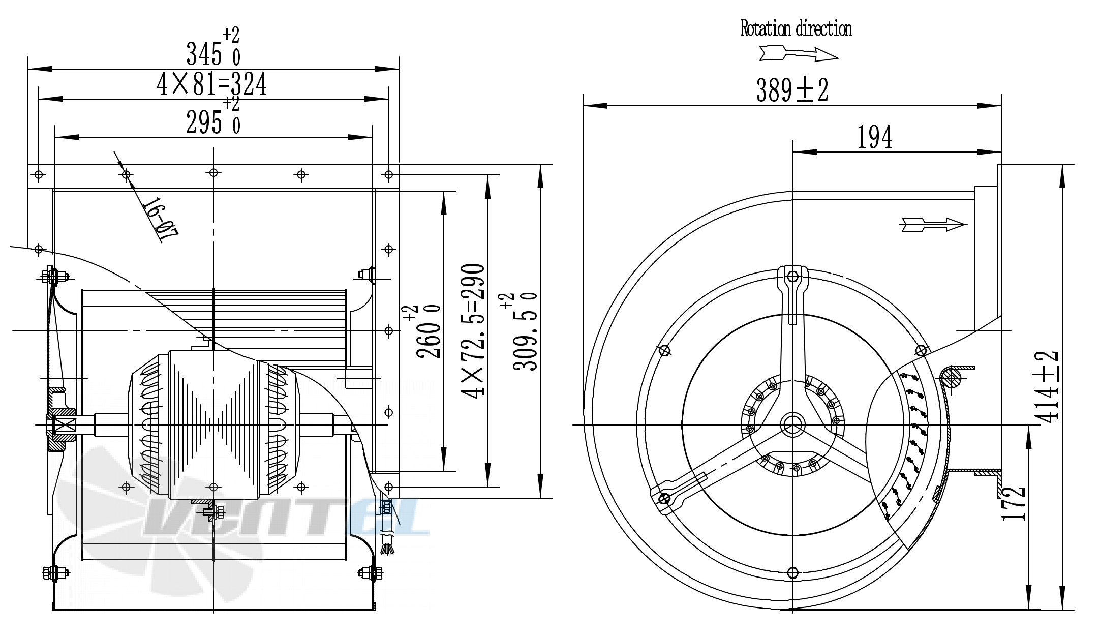 Габаритные размеры Boyoung DYF4D-250-QS1a 1.2 кВт с вперед загнутыми лопатками AC