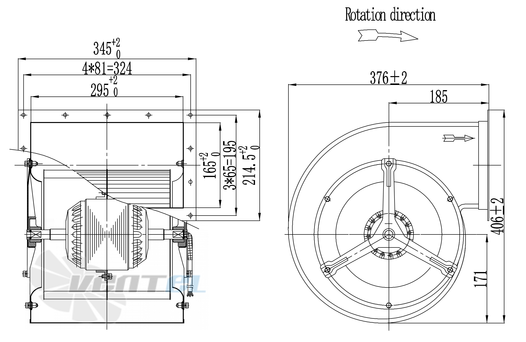 Габаритные размеры Boyoung DYF4E-250-QS2a 0.85 кВт с вперед загнутыми лопатками AC