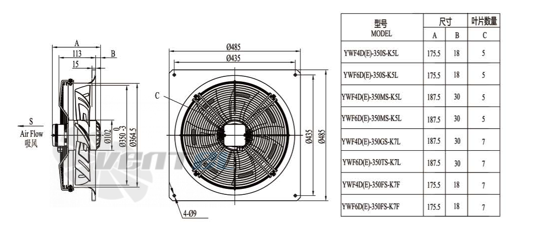 Габаритные размеры Boyoung YWF4D-350GS-K7L 0.19 кВт осевой AC