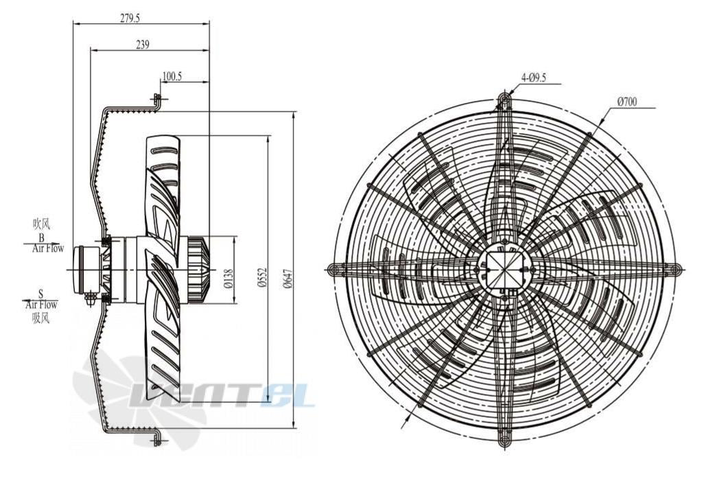 Габаритные размеры Boyoung YWF4D-560GS-E7L 1.26 кВт осевой AC
