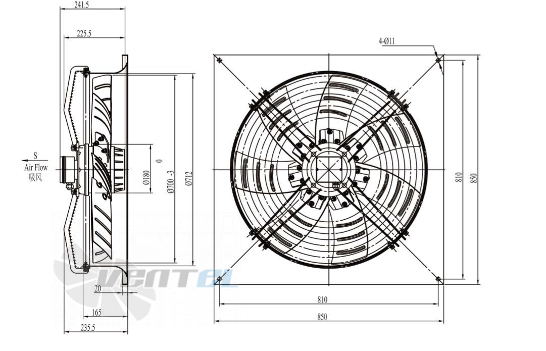 Габаритные размеры Boyoung YWF6D-710GS-K7L 0.925 кВт осевой AC