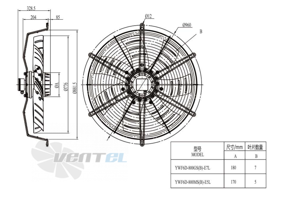 Габаритные размеры Boyoung YWF6D-800HS-E5L 1.15 кВт осевой AC