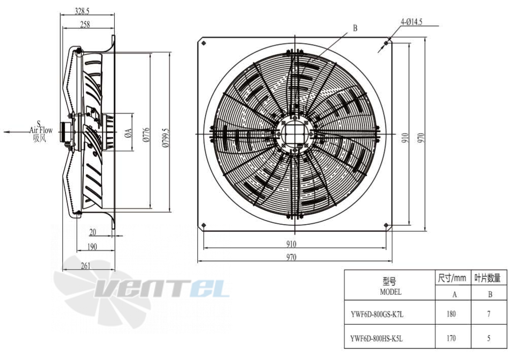 Габаритные размеры Boyoung YWF6D-800HB-K5L 1.15 кВт осевой AC
