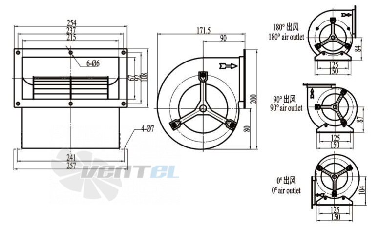 Габаритные размеры Boyoung DYF2E-133A-QS1a 0.28 кВт с вперед загнутыми лопатками AC
