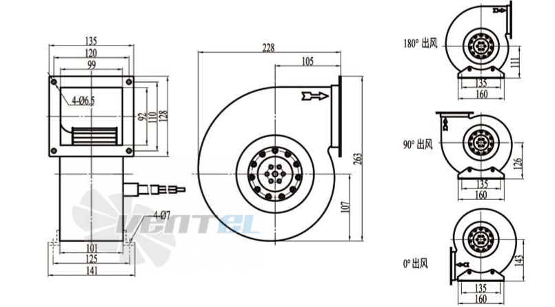 Габаритные размеры Boyoung DYF2E-140-QD3a 0.15 кВт с вперед загнутыми лопатками AC