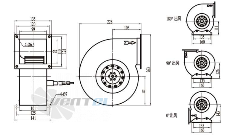 Габаритные размеры Boyoung DYF2E-146-QD1a 0.25 кВт с вперед загнутыми лопатками AC