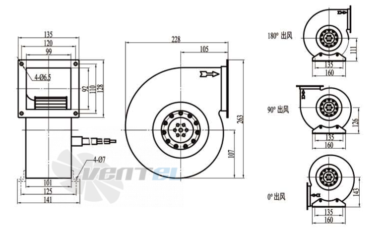 Габаритные размеры Boyoung DYF4E-160-QD2a 0.1 кВт с вперед загнутыми лопатками AC