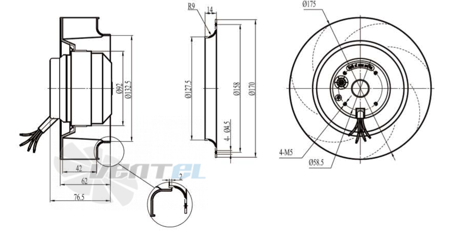 Габаритные размеры Boyoung DYF2E-175-HW1a 0.07 кВт с обратно загнутыми лопатками AC