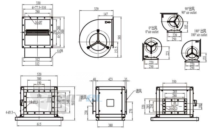 Габаритные размеры Boyoung DYF(SJX)4E-200-QS2a 0.43 кВт с вперед загнутыми лопатками AC