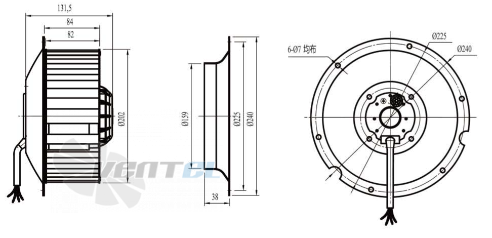 Габаритные размеры Boyoung DYF4D-200-QW1a 0.33 кВт с вперед загнутыми лопатками AC