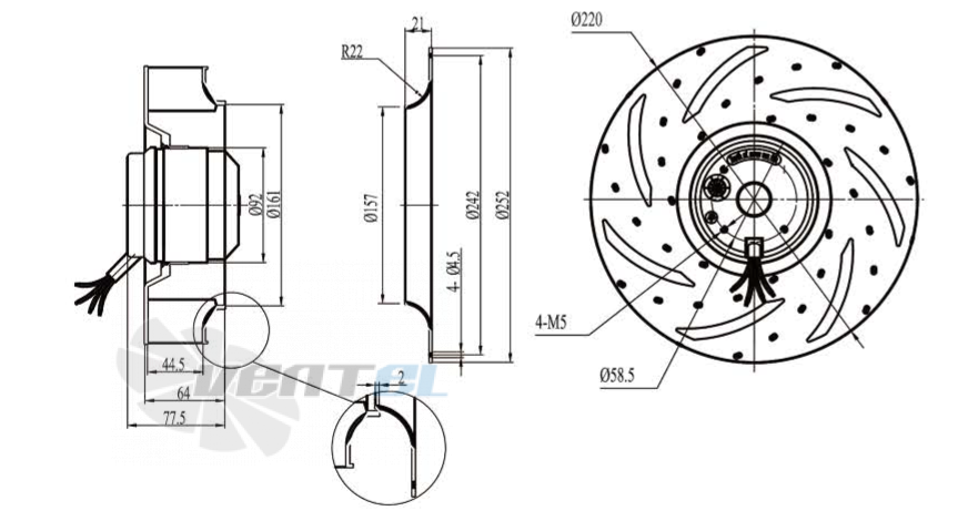 Габаритные размеры Boyoung DYF2E-220-HW1a 0.11 кВт с обратно загнутыми лопатками AC