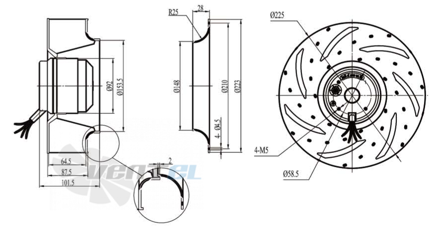 Габаритные размеры Boyoung DYF2E-225-HW1a 0.17 кВт с обратно загнутыми лопатками AC