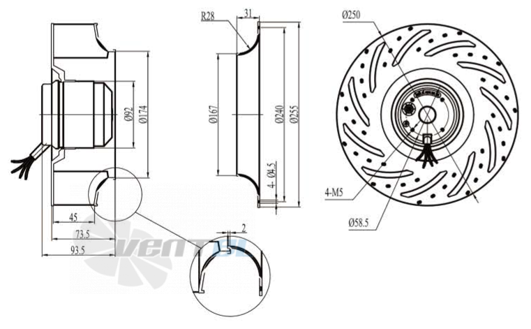Габаритные размеры Boyoung DYF2E-250-HW1a 0.17 кВт с обратно загнутыми лопатками AC
