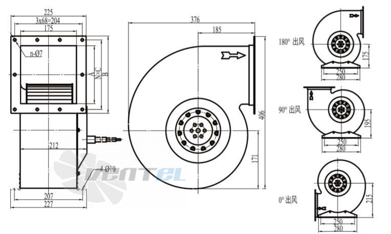 Габаритные размеры Boyoung DYF6E-250-QD3a 0.25 кВт с вперед загнутыми лопатками AC
