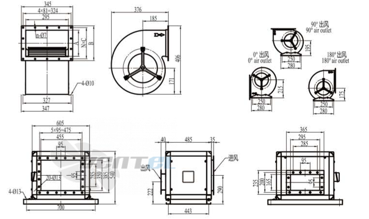 Габаритные размеры Boyoung DYF6E-250-QS3a 0.41 кВт с вперед загнутыми лопатками AC