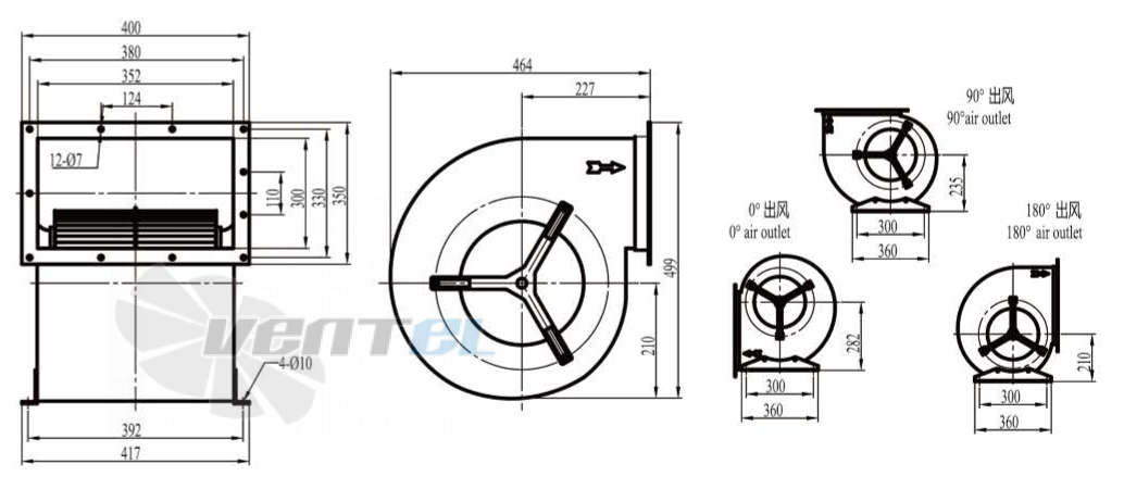 Габаритные размеры Boyoung DYF4D-280-QS1a 1.55 кВт с вперед загнутыми лопатками AC