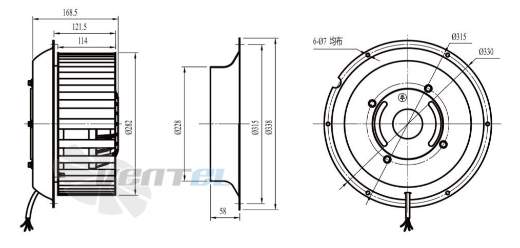Габаритные размеры Boyoung DYF6D-280-QW3a 0.45 кВт с вперед загнутыми лопатками AC