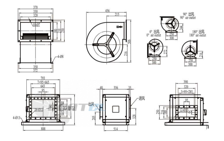 Габаритные размеры Boyoung DYF(SJX)6E-300A-QS3a 0.55 кВт с вперед загнутыми лопатками AC