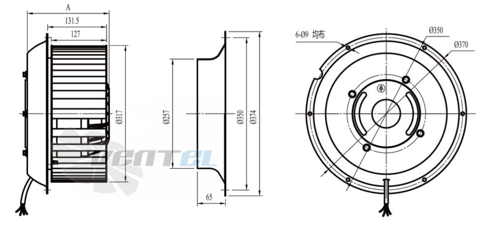 Габаритные размеры Boyoung DYF6D-315-QW3a 0.78 кВт с вперед загнутыми лопатками AC
