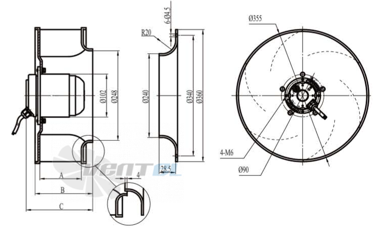 Габаритные размеры Boyoung DYF6E-355B-HW4a 0.102 кВт с обратно загнутыми лопатками AC