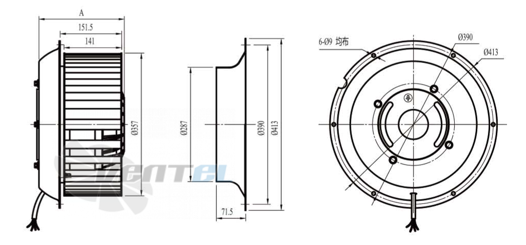 Габаритные размеры Boyoung DYF4D-355-QW1a 3.5 кВт с вперед загнутыми лопатками AC