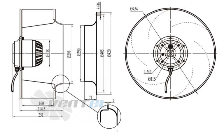 Габаритные размеры Boyoung DYF6E-450-HW4a 0.24 кВт с обратно загнутыми лопатками AC
