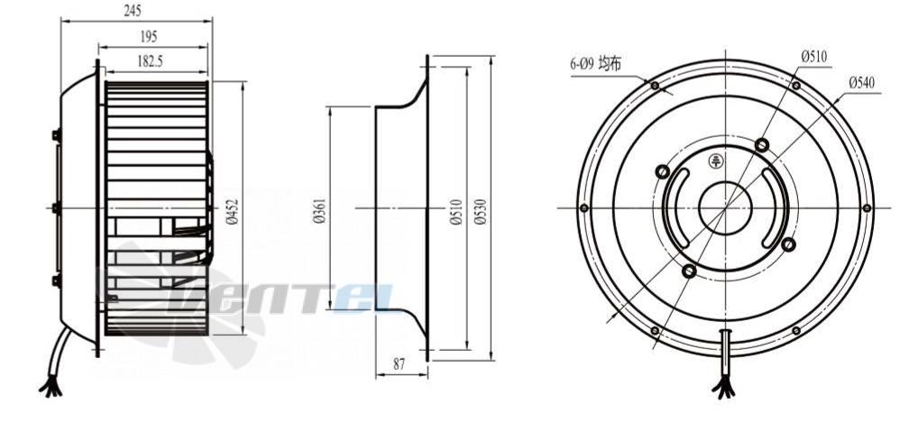 Габаритные размеры Boyoung DYF6D-450-QW1a 3.5 кВт с вперед загнутыми лопатками AC