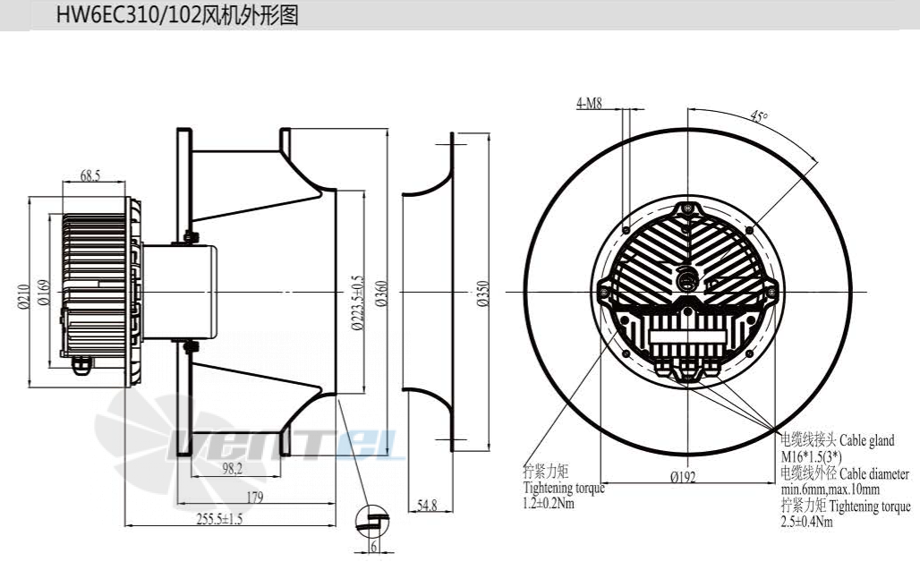 Габаритные размеры Boyoung HW6EC-310-102-IX 1.24 кВт с обратно загнутыми лопатками EC