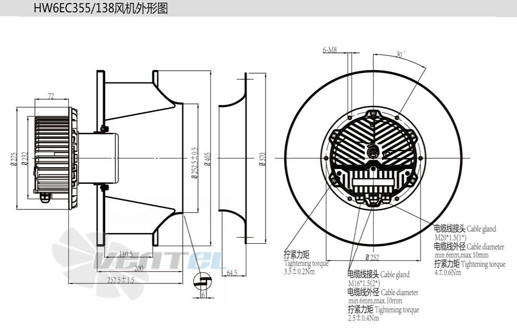 Габаритные размеры Boyoung HW6EC-355-138-II 2.0 кВт с обратно загнутыми лопатками EC