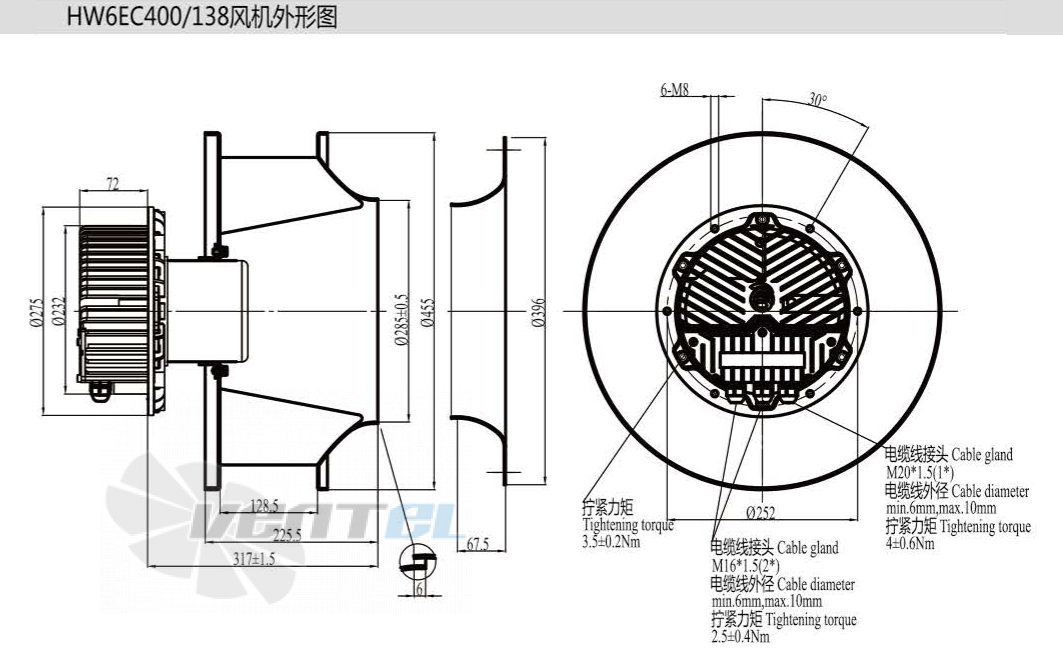 Габаритные размеры Boyoung HW6EC-400-138-II 2.6 кВт с обратно загнутыми лопатками EC