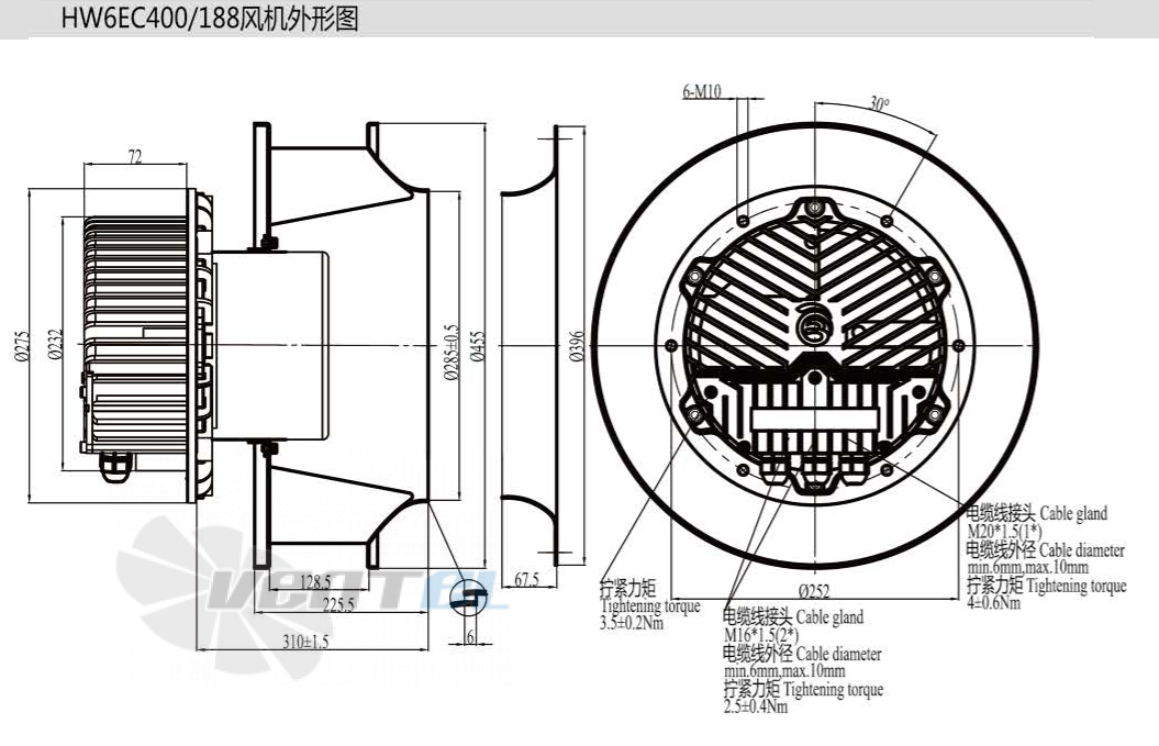 Габаритные размеры Boyoung HW6EC-400-188-VII 3.37 кВт с обратно загнутыми лопатками EC
